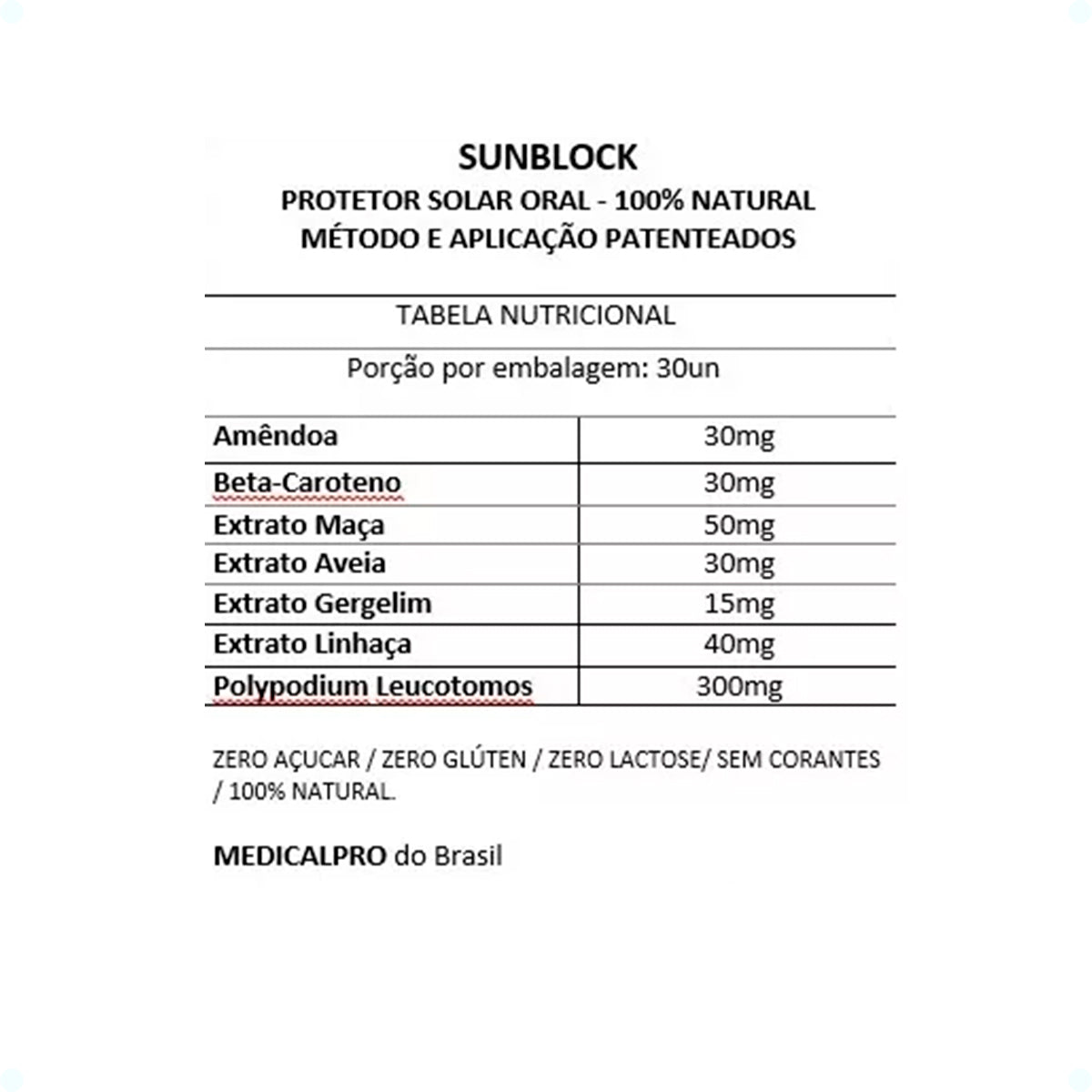 Protetor Solar Oral Sunblock - 100% Vegano - 100% Natural Medical Pro 30 caps