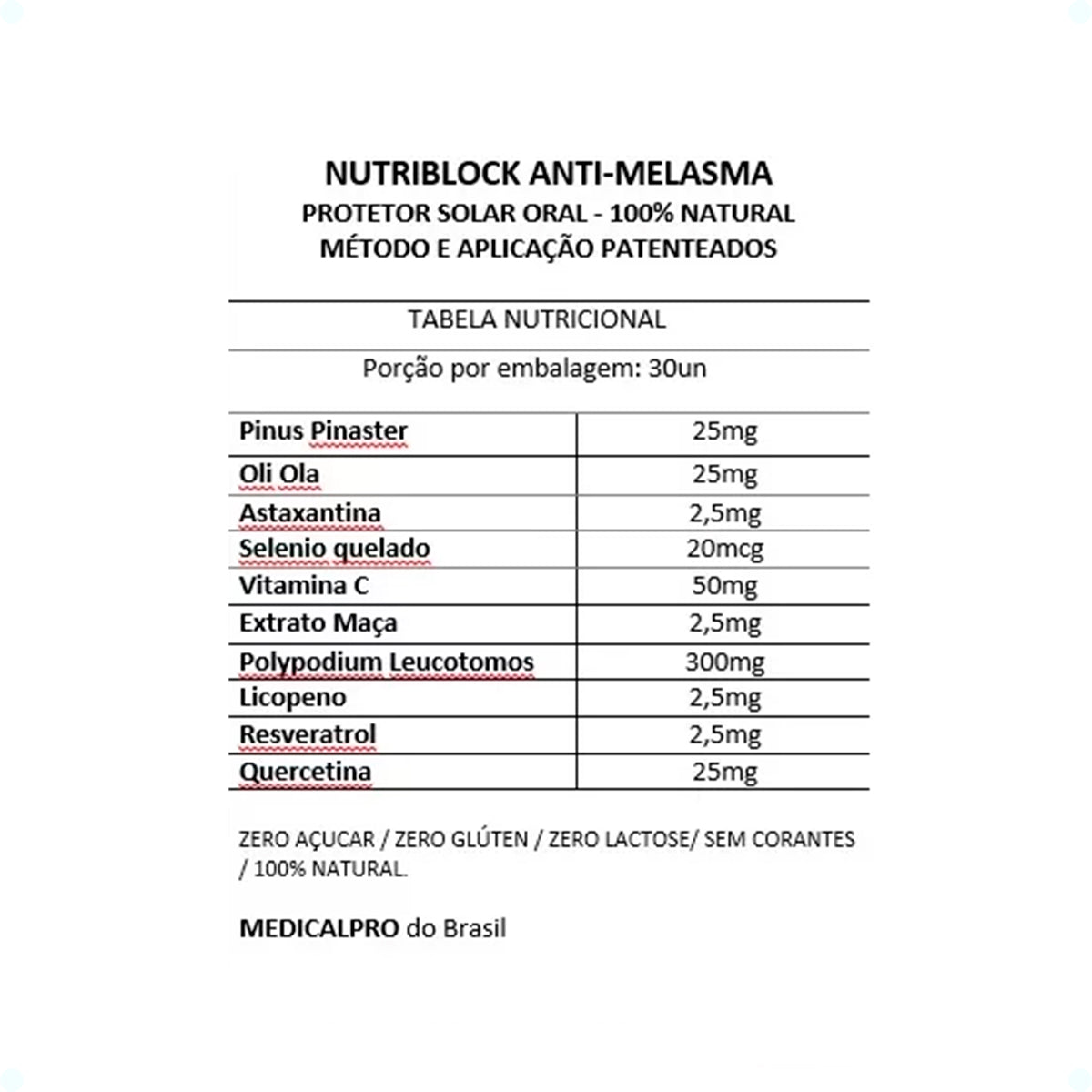 Protetor Solar Oral Nutriblock Anti-melasma - Protetor Solar Oral - 100% Natural Medical Pro 30 caps