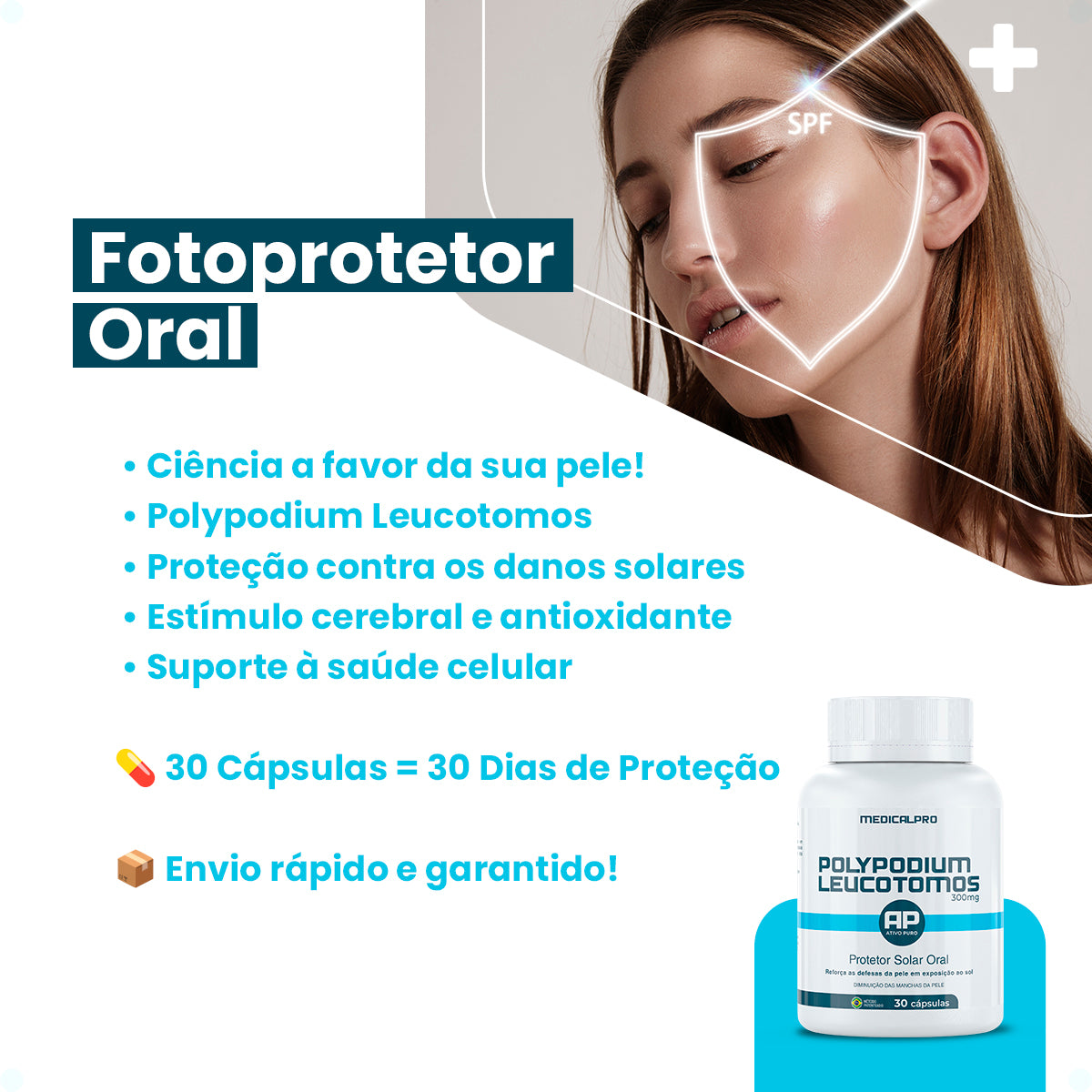 Polypodium Leucotomos 300mg Fotoprotetor Solar + Antimelasma Medical Pro 30caps